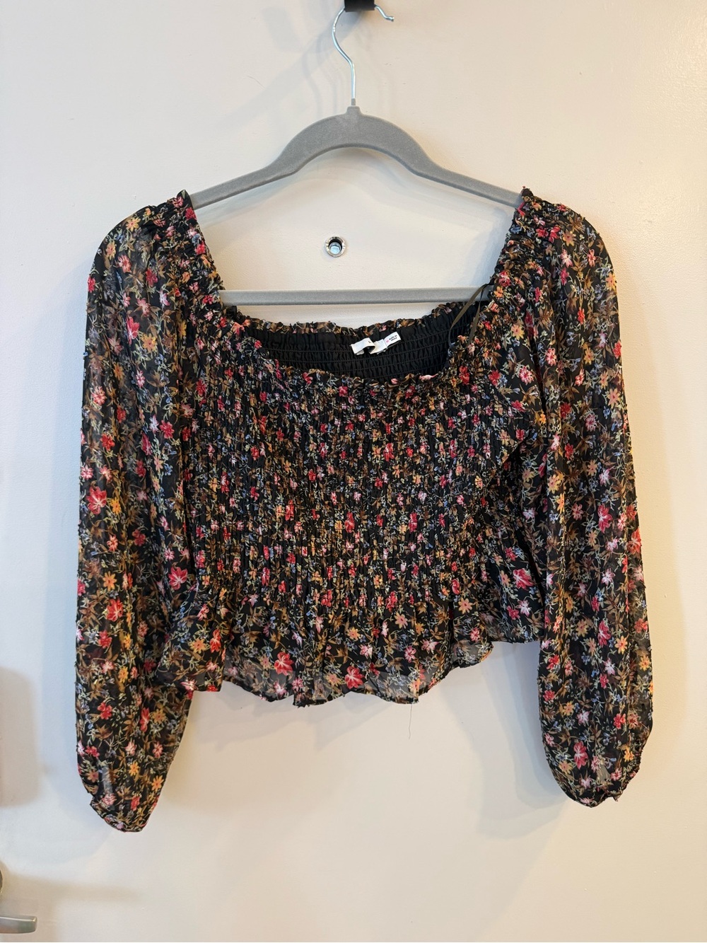 Smocked Black Floral Long-Sleeve Crop Top